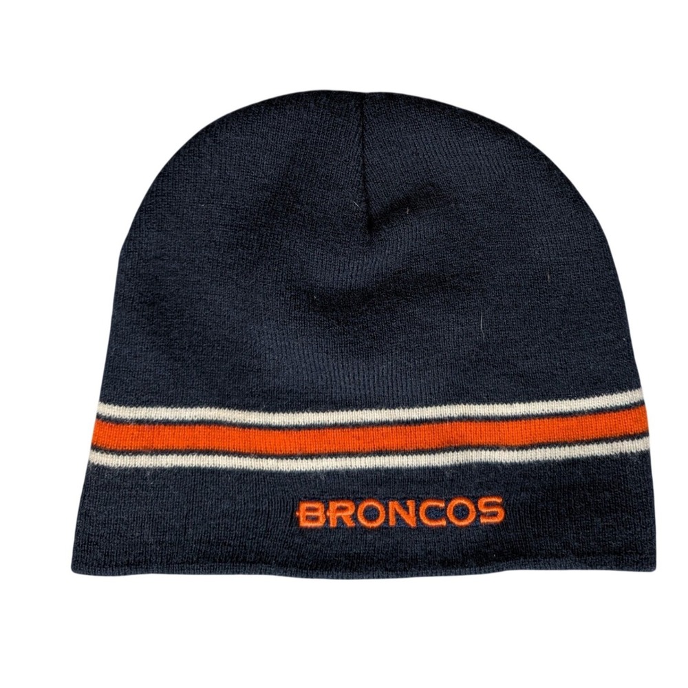 NFL Denver Broncos Beanie Knit Hat Navy Blue Orange Striped Mens One Size